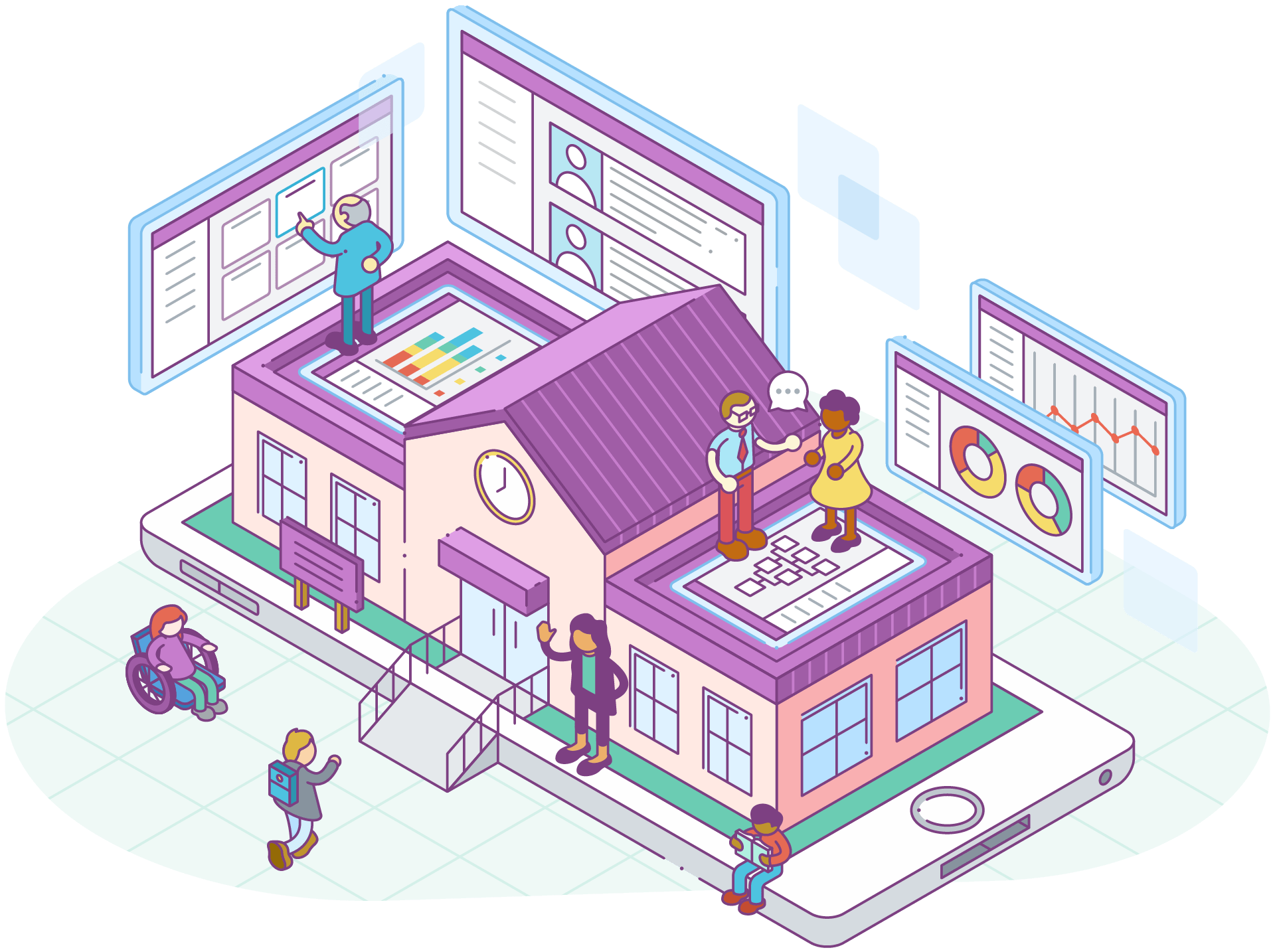 Illustration of a school house overlaying a phone - Frontline Education - School Administration Software