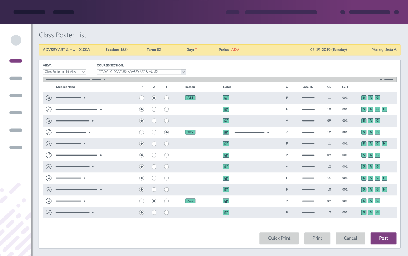 Frontline SIS showing classroom operations tools