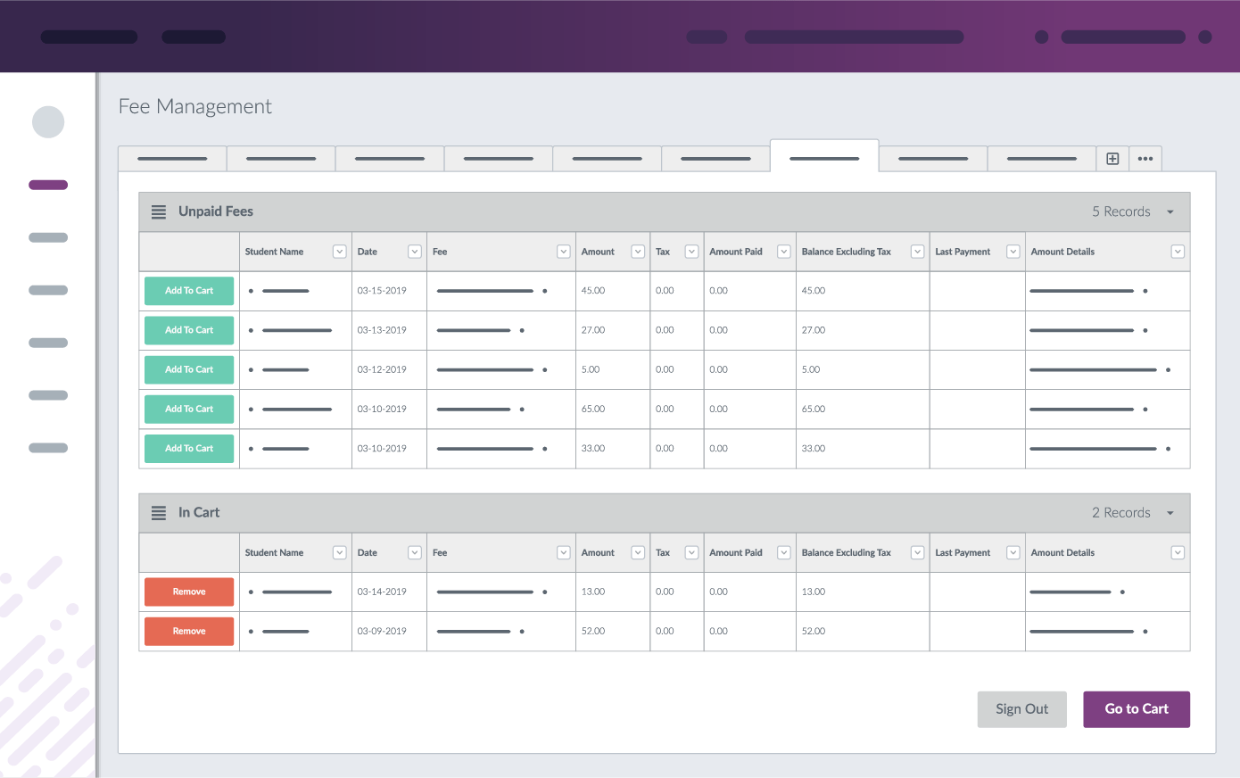 Frontline SIS showing fees management tools