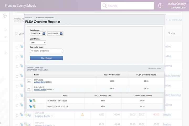 Overtime tracking and reporting screenshot