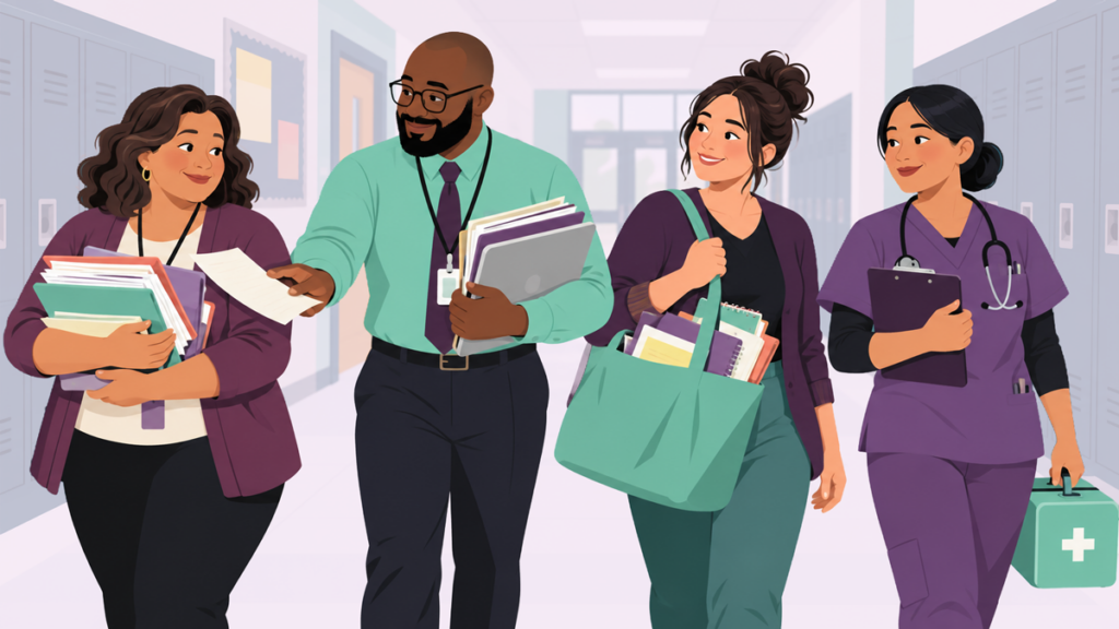 A secretary, assistant principal, special education teacher, and school nurse walk down a hallway carrying armfuls of work, one helping steady a colleague's stack.
