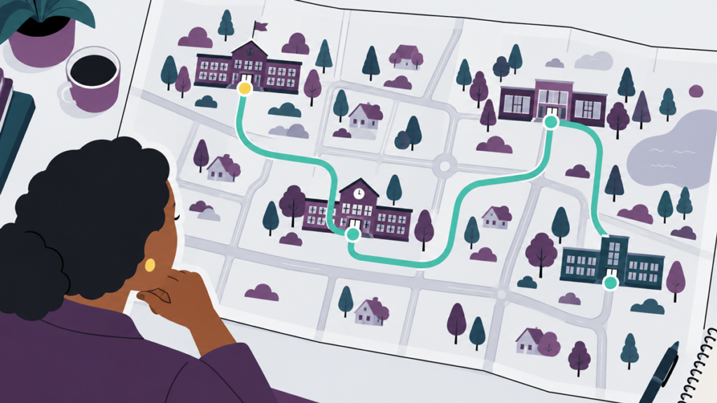 An overhead map of a school district with one continuous path connecting every building, viewed by a district leader at a desk.