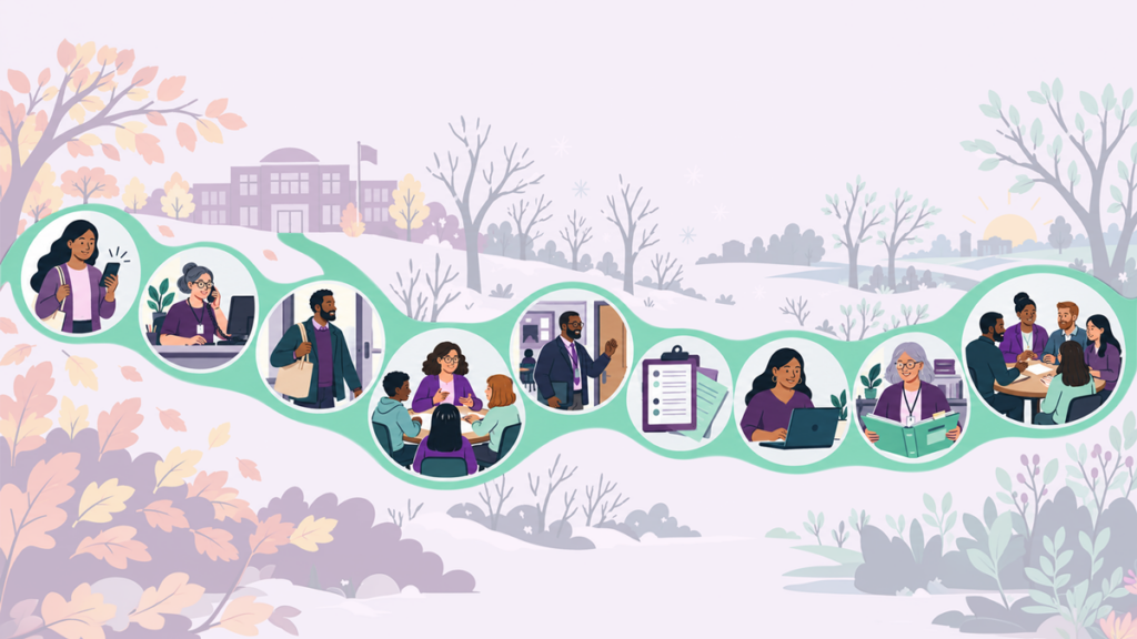 An illustrated path showing one teacher absence moving through nine people, from a 6:15 a.m. call in October to a resolution meeting in March.