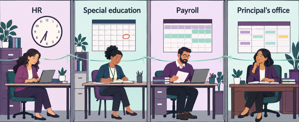 Four side-by-side offices, HR, special education, payroll, and the principal's office, each running on its own clock and calendar, loosely connected by a single thread.